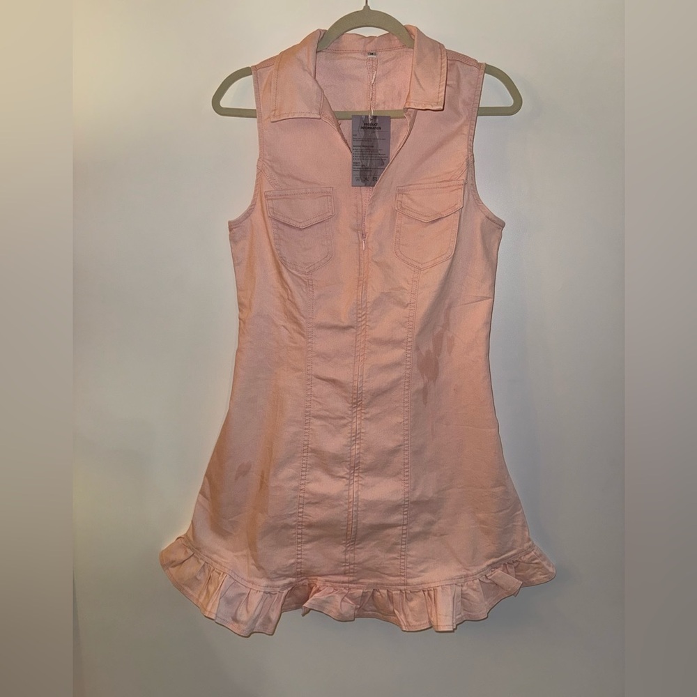 Oyrosy Vintage Slim Pink Denim Lapel Sleeveless Zipper Ruffle Mini Dress NWT - Picture 7 of 15